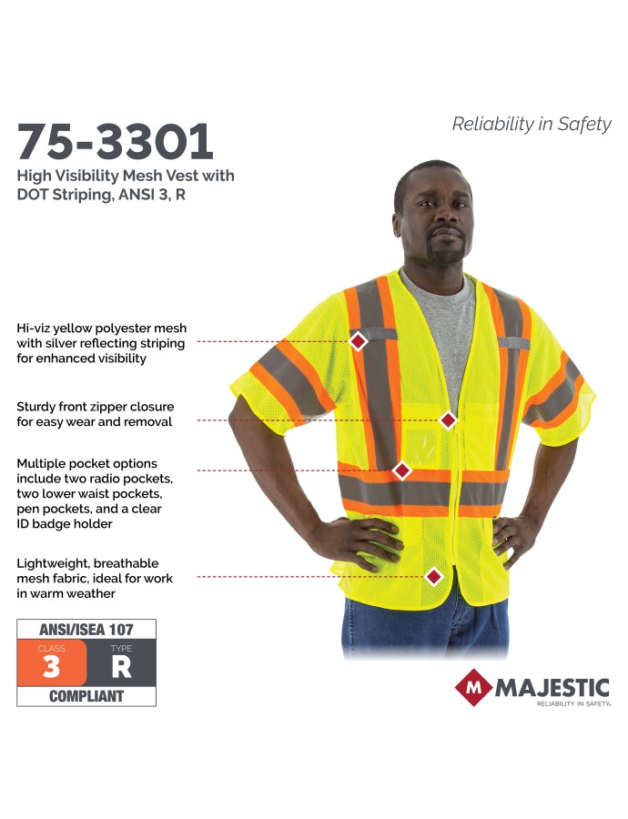 High Visibility Mesh Vest with DOT Striping, ANSI 3, R | Majestic